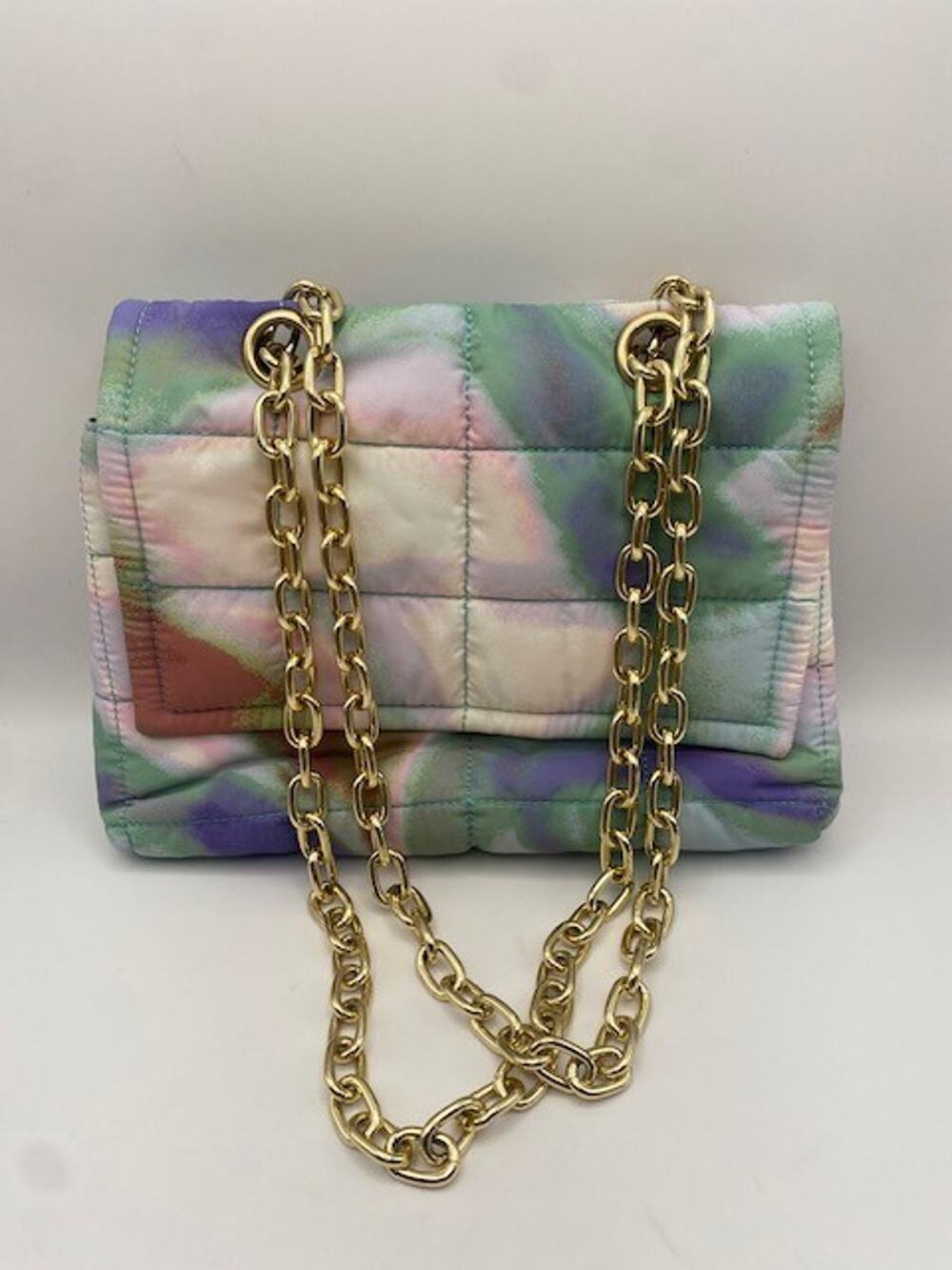Future Collective Quilted Puffer Shoulder Bag Pastel Watercolor Print Gold Chain